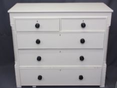 VICTORIAN PAINTED CHEST of two short over three long drawers having turned ebonized knobs with