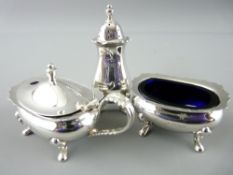 SILVER CRUET SET, three piece with liners of bellied form with flared rims and paw feet, 1974