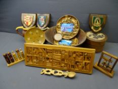 LARGE TREEN BOWL, school and university plaques, stoneware jugs and other treen items