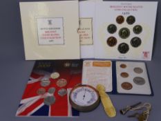 MIXED GROUP OF COINS & COLLECTABLES to include a base metal pocket barometer made in London with