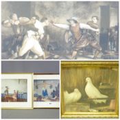 ROOKE ?? watercolour - doves in a barn, 30 x 30cms, SIR WILLIAM RUSSELL FLINT two prints of