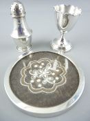 SILVER ITEMS-1949 egg cup, 1919 pepper pot and an Italian 800 silver rimmed coaster with wooden