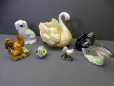 POTTERY SWAN PLANTER with other bird and animal figurines