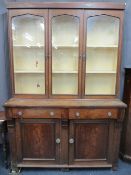 VICTORIAN OAK & MAHOGANY CWPWRDD GWYDIR twin upper doors and central panel, glazed with painted