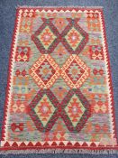 CHOBI KILIM RUG - vibrant colours with repeating central diamond pattern and block border, 123 x