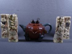 YIXING CLAY LOTUS TEAPOT and four carved and stained bone figures of oriental deities