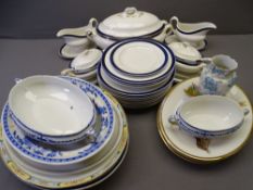 BLUE & WHITE DINNERWARE with tureens and bird decorated meat platters, two plastic crates