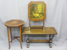 THREE OCCASIONAL FURNITURE ITEMS including an inlaid mahogany octagonal top table circa 1910, an oak