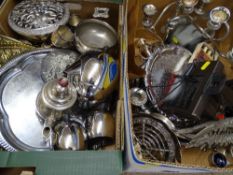 MIXED EPNS, brass and other metalware in two boxes