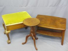 BALL & CLAW BOX SEAT PIANO STOOL, two-tier coffee table and a vintage mahogany tripod wine table