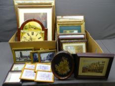 MIXED QUANTITY FRAMED PICTURES & PRINTS, a modern wall clock and two mirrors