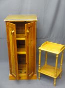 REPRODUCTION PINE TWO DOOR STORAGE CABINET and a lightwood two-tier side table, various
