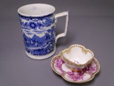 MEISSEN PUCE DECORATED CABINET CUP & SAUCER and an early blue and white transfer hunting scene