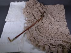 VINTAGE HORN HANDLED RIDING CROP and three items of table linen