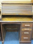 NEATLY PROPORTIONED OAK ROLL-TOP DESK, 118cms overall H, 91cms W, 68cms D
