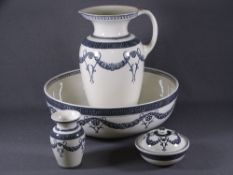 WEDGWOOD ATHENS FOUR PIECE WASH SET of jug and bowl, soap pot and toothbrush holder