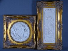 TWO GILT FRAMED MARBLE TYPE PLAQUES, 30 x 31cms and 43 x 22.5cms overall measurements
