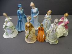 EIGHT ROYAL WORCESTER LADY FIGURINES titled 'Best Wishes', '1878 The Bustle', 'First Dance' 3629, '