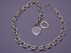 TIFFANY & CO STIRLING SILVER LONG-LENGTH BRACELET, belcher type with bar clasp and return to heart