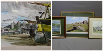 GEORGE DROUGHT mixed media - Conwy boats and figures near the Quay with castle in the background,