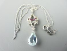 18ct White gold, gem set pendant necklace-Italian with ruby central cressent within a diamond open
