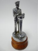 VINTAGE CAR MASCOT-SHIPS PILOT chrome plated standing figure at a compass, circa 1930s, 14cms H.