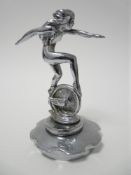 VINTAGE CAR MASCOT - FEMALE FIGURE ON WINGED WHEEL by A E Lejeune for Crossley Motors, Manchester,