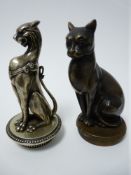 VINTAGE CAR MASCOTS X 2 - CATS circular based seated exampe with curled tail, 12.5cms H, and an