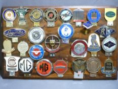 VINTAGE CAR OWNERS CLUB BADGES X 27 mounted to a board, makes include, Lagonda, Sunbeam Triumph,