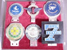 VINTAGE CAR BADGES X 6 including Austin 7,A30 and Austin Ten club badges, Civil Service Motoring