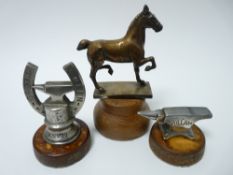 VINTAGE CAR MASCOTS X 3 - VARIOUS to include DRESSAGE/TROTTING HORSE, 11.25cms H, 10.5cms L, UNUSUAL