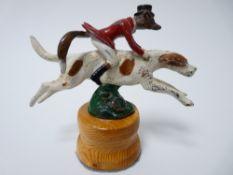 VINTAGE CAR MASCOT-FOX RIDING A HOUND by A E Lejeune, cold painted,stamped AEL, circa 1920s, 8cms H,