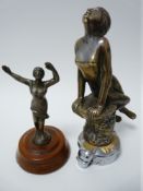VINTAGE CAR MASCOTS X 2 to include A E Lejeune, Meditation, LADY seated on a rock, stamped, 16cms H,