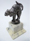 VINTAGE CAR MASCOT - ANGRY CAT standing with arched back, ribbon bow to neck, possibly DUNHILLS LTD,