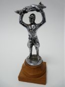 VINTAGE CAR MASCOT-HUNTSMAN WITH FOX ALOFT by A E Lejeune, stamped AEL copyright, 14.5cms H.