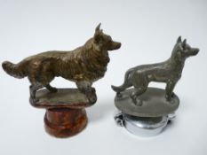 VINTAGE CAR MASCOTS X 2 STANDING DOGS to include GERMAN SHEPPERD, 8cms H, 9.5cms L, and COLLIE,