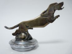 VINTAGE CAR MASCOT - TECKEL/ STYLIZED DACHSHUND French, signed Morante, 9cms H, 14cms L. Rare