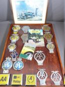 VINTAGE CAR BADGES X 17- AA & RAC mounted to a board along with a print of a Bullnose Morris