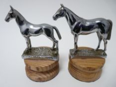 VINTAGE CAR MACOTS X 2 - STANDING HORSES by A E Lejeune, 10.5cms H, 11cms L, and DESMO,10cms H,