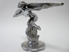 VINTAGE CAR MASCOT - WINGED FEMALE RIDING A WHEEL by A E Lejeune, REG/DES 686123, 14.5cms H, 23.5cms