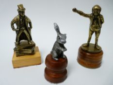 VINTAGE CAR MASCOT-SEATED RABBIT by DESMO, 7.5cms H, along with 2 brass DICKENS CHARACTER figurines,