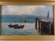 HENRY HADFIELD CUBLEY, OIL ON CANVAS- harbour scene with figures and boats, signed both front and