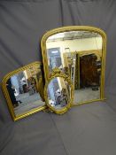 OVERMANTEL MIRROR, GILT FRAMED WITH CURVED TOP, a further half depth overmantel mirror and a small