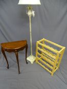 HALF MOON TABLE- MAHOGANY, neat and small on 3 cabriole supports, a modern light wood wine rack to