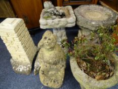 GARDEN STONEWARE. A parcel of 5 pieces incl 2 urns and a bird bath.