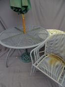 A METAL CIRCULAR GARDEN TABLE SET with 4 chairs, parasol and stand and a smaller table