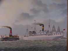 GEORGE T BROWN. Oil on canvas- 'Avocet' accompanied by a tug, leaving the Mersey. Signed and dated