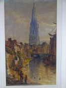 19TH CENTURY WATERCOLOUR RIVER SCENE with numerous figures and steepled church, unsigned but with