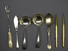 SILVER FLATWARE and propelling pencils, a pair of silver ladles 1925 , jam spoon 1921, a mother of