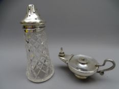 ALADDIN MINIATURE OIL LAMP with serpent handle, 3.8 ounces Chester 1911 and a glass sugar shaker